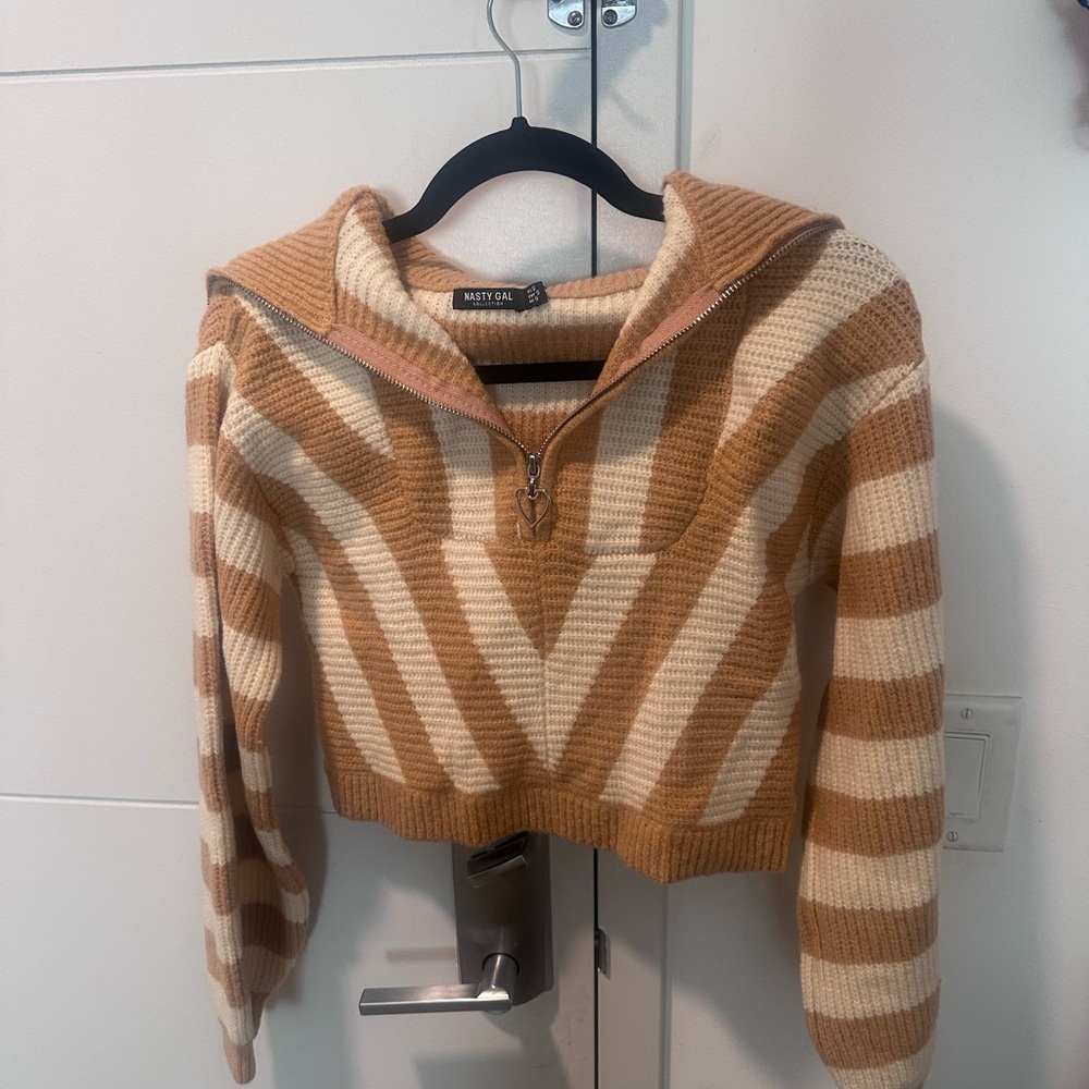 Nasty Gal Cream & Tan Striped Half-Zip Sweater